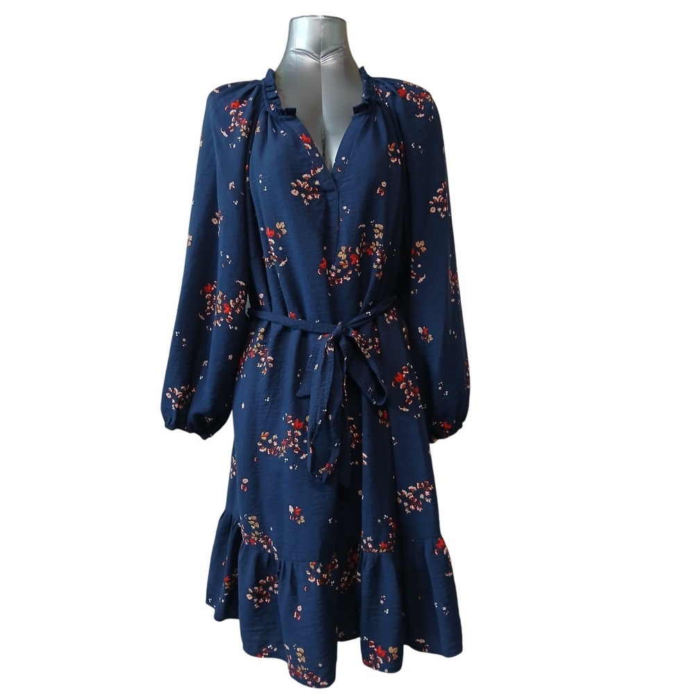 Sonoma Goods For Life Navy Blue Floral Ruffle Dress‎ Plus 1X Balloon Sleeve